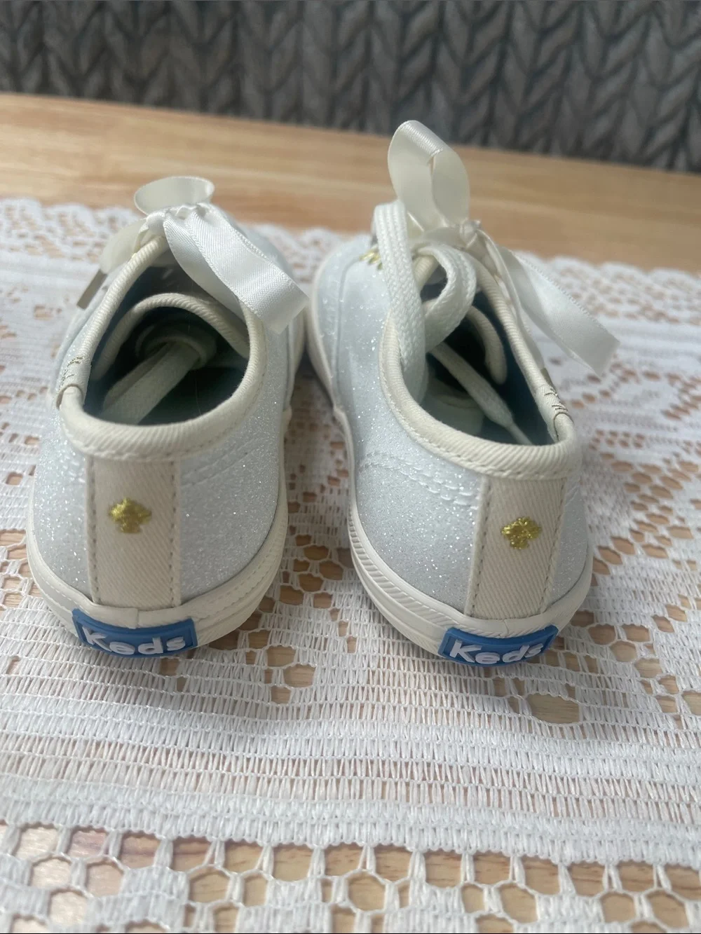 kate spade Kids' Glitter Ribbon Lace Sneakers in Cream